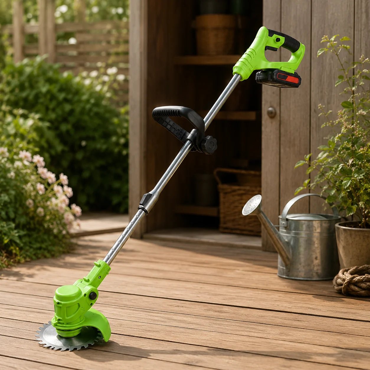 Cordless grass trimmer featuring an ergonomic adjustable handle, designed for easy use in lawn and garden care, powered by a 21V electric battery for 0